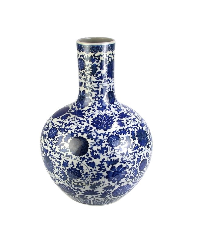 Chinese Vaas Porselein Lotus Handgeschilderd Blauw-Wit D32xH46cm