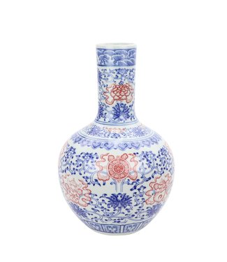 Fine Asianliving Chinese Vaas Porselein Lotus Handgeschilderd Rood Blauw D22xH34cm