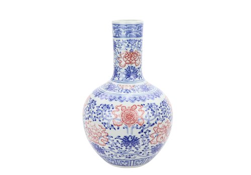 Fine Asianliving Vaso Cinese in Ceramica Porcellana Loto Blu Rosso D22xA34cm