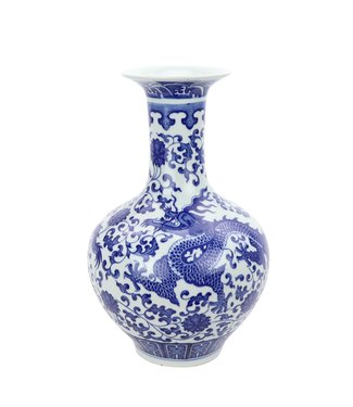 Fine Asianliving Chinese Vaas Porselein Blauw-Wit Handgeschilderd Draak D22xH35cm