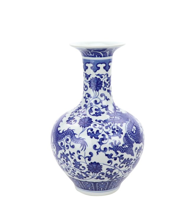 Chinese Vaas Porselein Blauw-Wit Handgeschilderd Draak D22xH35cm