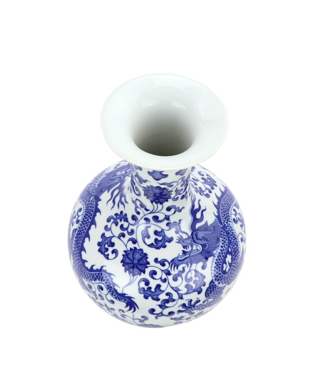 Chinese Vaas Porselein Blauw-Wit Handgeschilderd Draak D22xH35cm