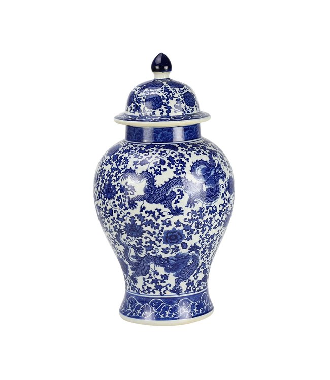 Chinesische Vase mit Deckel Porzellan Blau Weiß Handbemalter Drache D27xH51cm