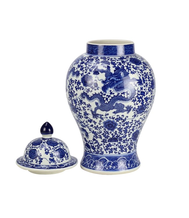 Chinesische Vase mit Deckel Porzellan Blau Weiß Handbemalter Drache D27xH51cm