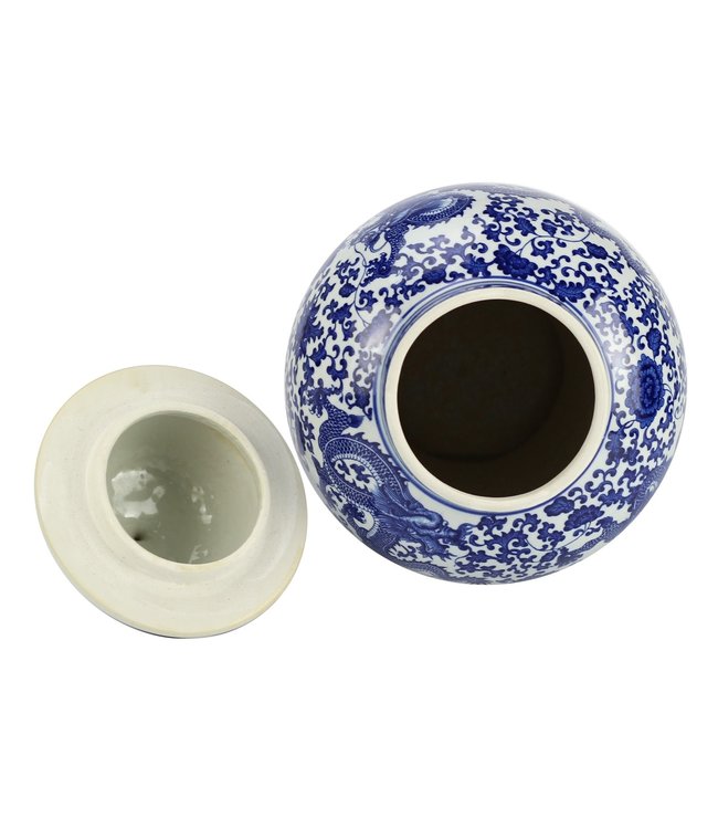 Chinesische Vase mit Deckel Porzellan Blau Weiß Handbemalter Drache D27xH51cm