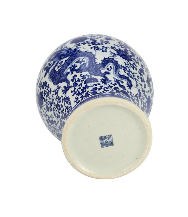 Chinesische Vase mit Deckel Porzellan Blau Weiß Handbemalter Drache D27xH51cm