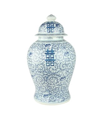 Fine Asianliving Chinesische Vase mit Deckel Blau Weiß Porzellan Handbemalt Doppeltes Glück D31xH52cm