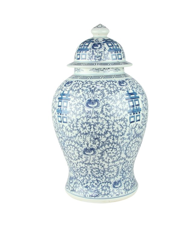 Tarro de Jengibre Chino Porcelana Doble Suerte Azul y Blanco D.31 x Alt.52 cm
