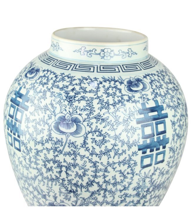 Chinesische Vase mit Deckel Blau Weiß Porzellan Handbemalt Doppeltes Glück D31xH52cm