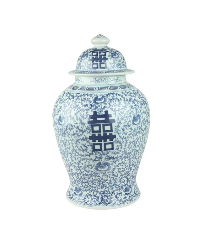Tarro de Jengibre Chino Porcelana Doble Suerte Azul y Blanco D.31 x Alt.52 cm