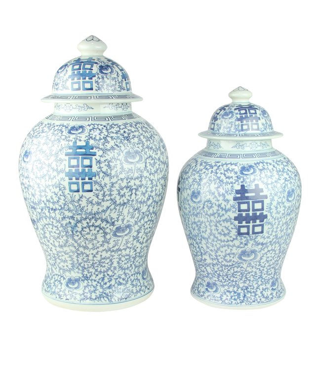 Chinesische Vase mit Deckel Blau Weiß Porzellan Handbemalt Doppeltes Glück D31xH52cm