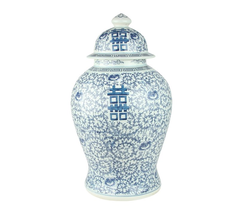 Chinesische Deckelvase Blau Weiß Porzellan Handbemalt Doppeltes Glück D24xH42cm