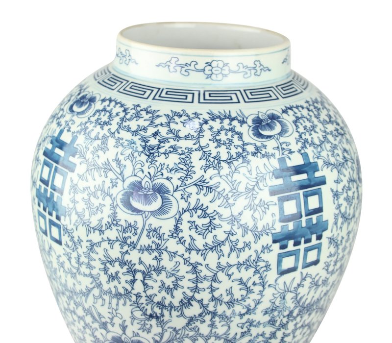 Chinese Gemberpot Happiness Handgeschilderd Blauw-Wit D24xH42cm