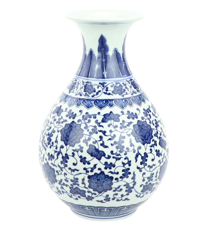 Chinese Vaas Porselein Lotus Handgeschilderd Blauw-Wit D20xH31cm