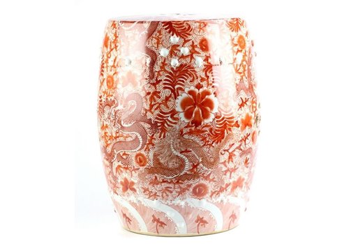Fine Asianliving Keramik Hocker Porzellan Handbemalte Drachen Rot D33xH45cm