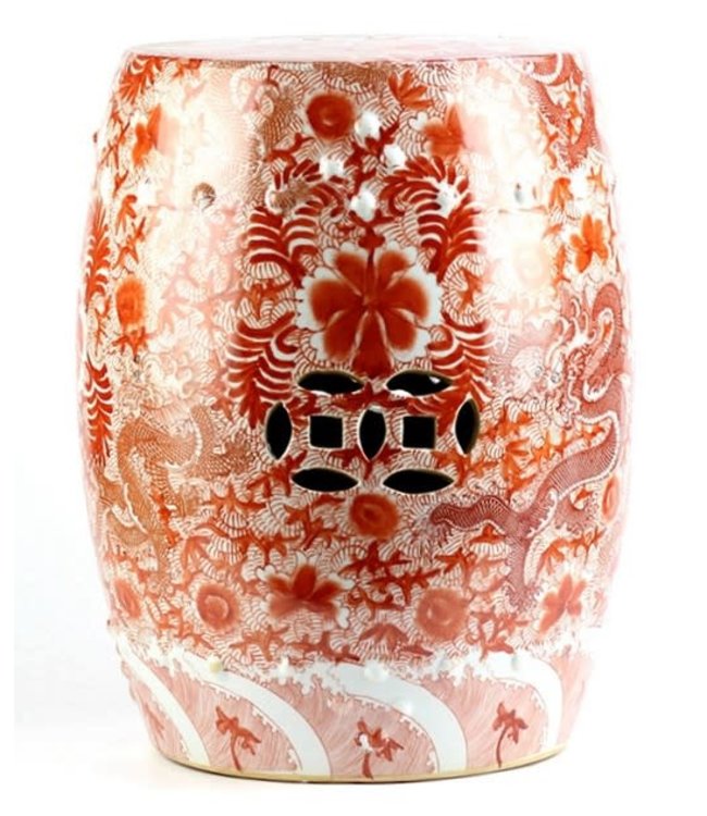 Ceramic Garden Stool Porcelain Hand-painted Dragons Red D33xH45cm