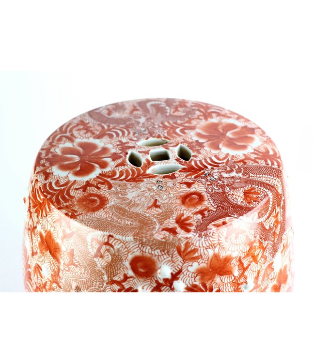 Sgabello in Ceramica Cinese Draghi Dipinti a Mano Rosso D33xA45cm