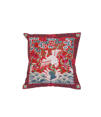 Fine Asianliving Chinesischer Kissenbezug Handbestickter Rot Kranich 45x45cm Ohne Füllung