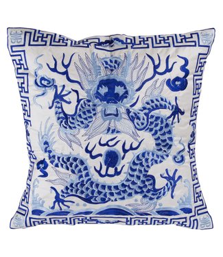 Fine Asianliving Fodera per Cuscino Cinese Drago Bianco Ricamato a Mano 45x45cm Senza Riempimento