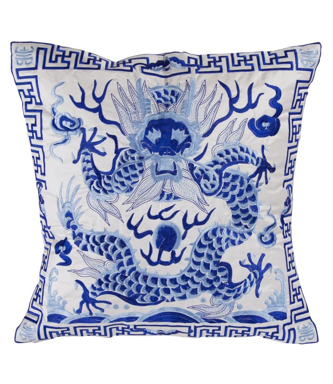 Chinese Kussen Volledig Geborduurd Wit Draak 45x45cm Zonder Vulling