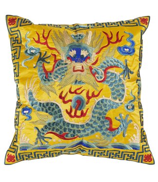 Fine Asianliving Cojín Chino Dragón Amarillo Bordado a Mano 45x45cm Sin Relleno