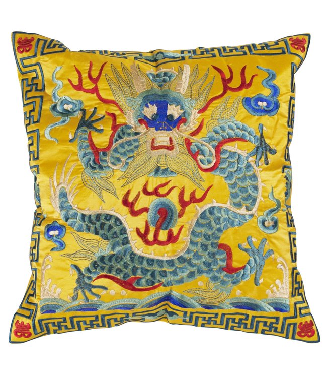 Chinese Cushion Hand-embroidered Yellow Dragon 45x45cm