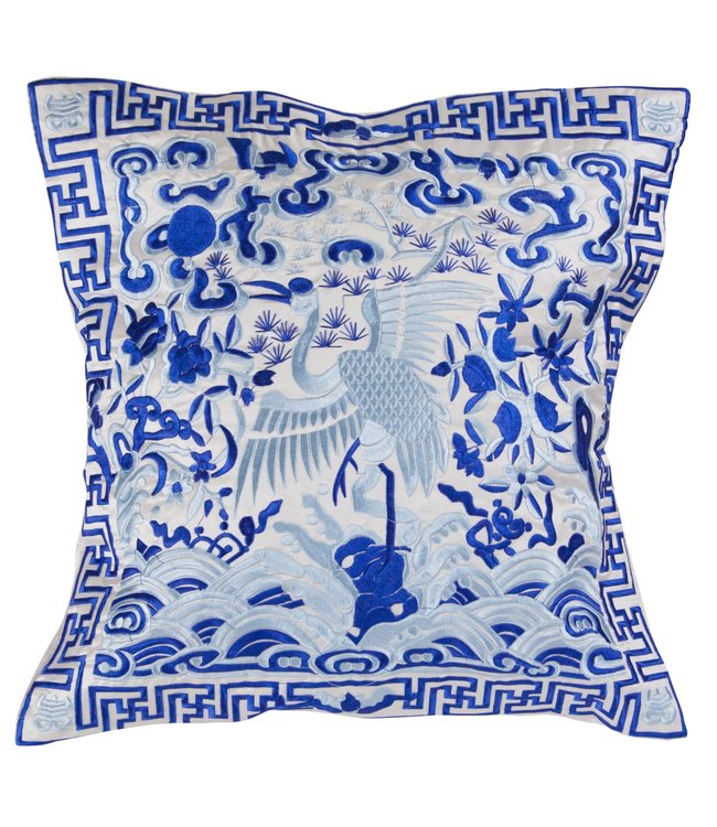 Chinese Kussenhoes Handgeborduurd Wit Kraanvogel 45x45cm Zonder Vulling