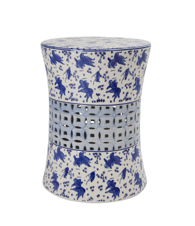 Tabouret Céramique Chinois Poissons Koi Bleu Blanc D33xH46cm