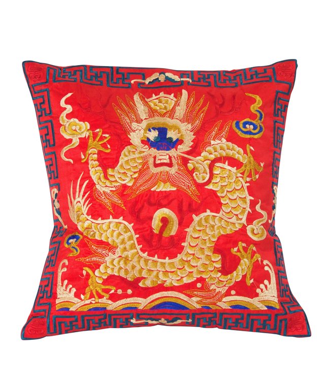 Coussin Chinois Dragon Rouge Brodé Main 45x45cm
