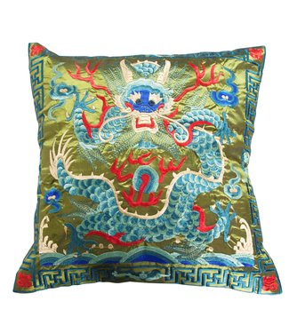 Fine Asianliving Chinesischer Kissenbezug Handbestickter Grüner Drache 45x45cm Ohne Füllung