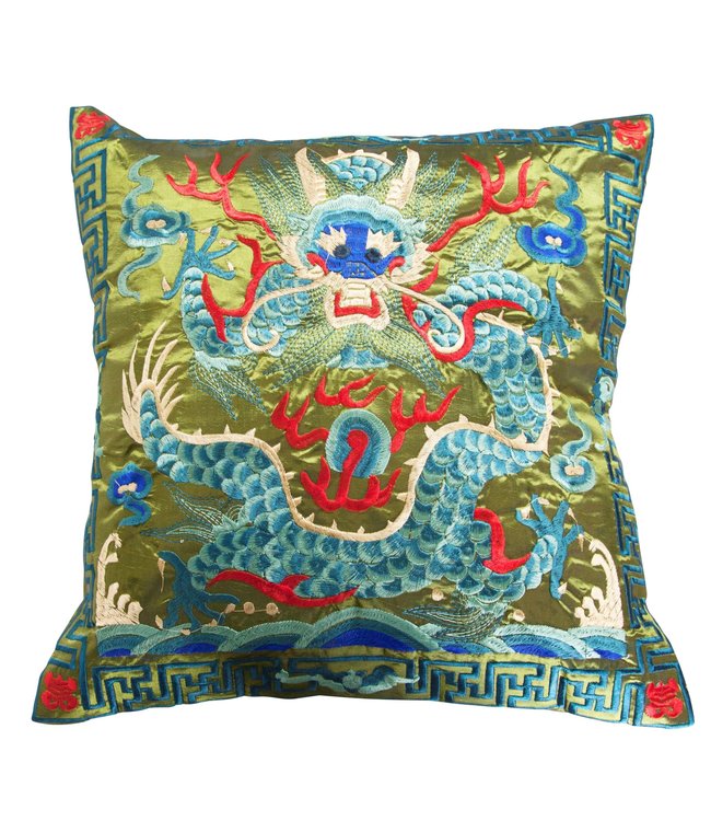 Housse de Coussin Chinois Dragon Vert Brodé à la Main 45x45cm Sans Remplissage