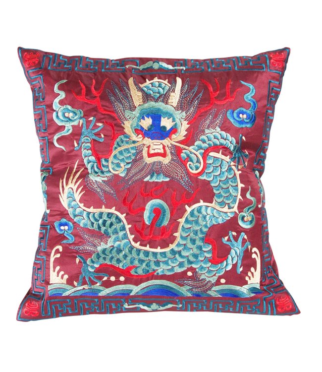 Housse de Coussin Chinoise Brodée Main Dragon Bordeaux 45x45cm Sans Remplissage