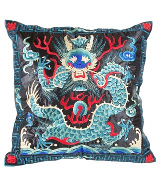 Fine Asianliving Chinese Kussen Volledig Geborduurd Blauw Zwart Draak 45x45cm