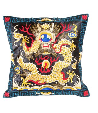 Fine Asianliving Cuscino Cinese Drago Nero Giallo Ricamato a Mano 45x45cm