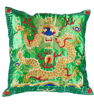 Fine Asianliving Cuscino Cinese Drago Giallo Verde Ricamato a Mano 45x45cm