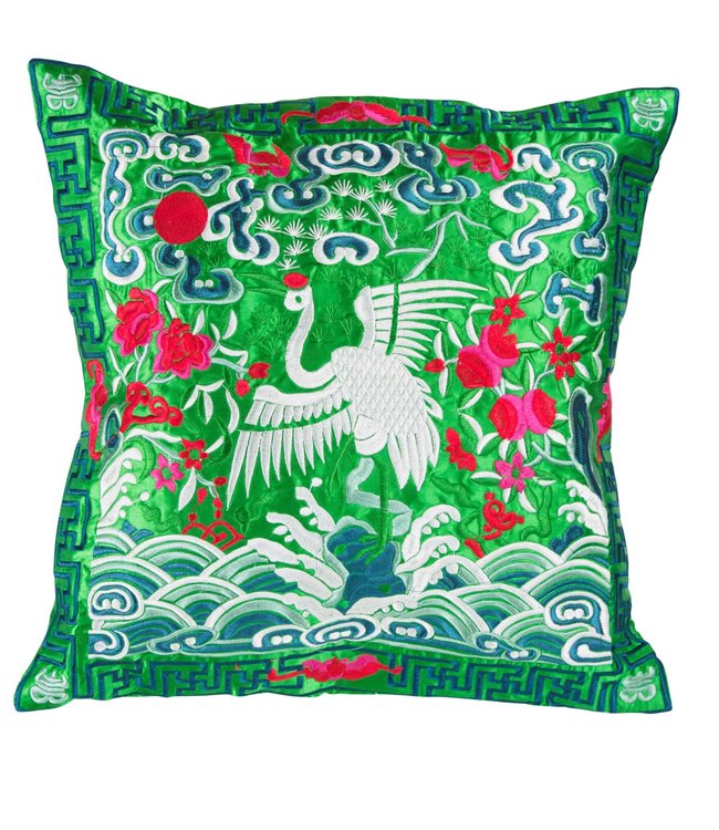Coussin Chinois Grue Verte Brodé Main 45x45cm