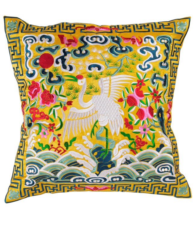 Chinesisches Kissen Handbestickter Gelber Kranich 40x40cm