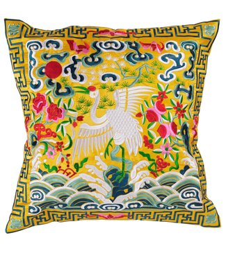 Fine Asianliving Chinesischer Kissenbezug Handbestickter Gelber Kranich 45x45cm Ohne Füllung