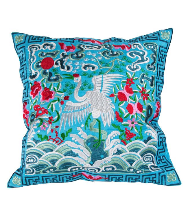 Chinese Kussen Volledig Geborduurd Blauw Kraanvogel 45x45cm