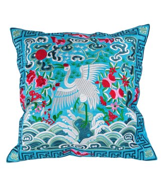 Fine Asianliving Chinesischer Kissenbezug Handbestickter Blauer Kranich 45x45cm Ohne Füllung