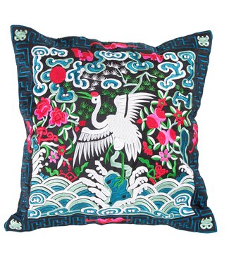 Fine Asianliving Coussin Chinois Brodé Main Bleu Noir Grue 45x45cm