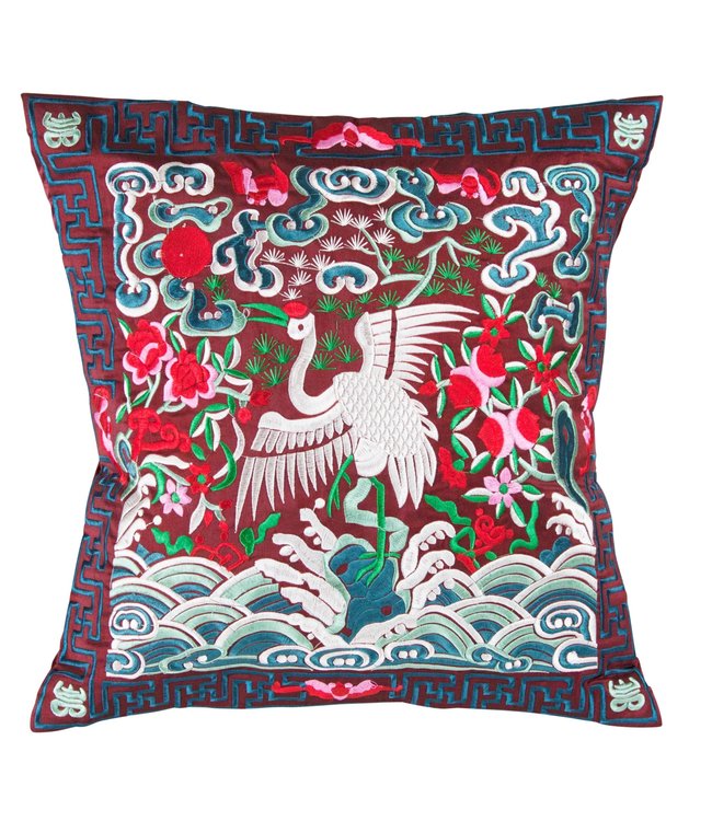 Housse de Coussin Chinoise Brodée Main Grue Bourgogne 45x45cm Sans Remplissage