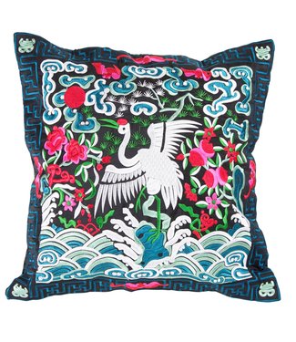 Fine Asianliving Chinese Cushion Cover Hand-embroidered Blue Black Crane 45x45cm Without Filling