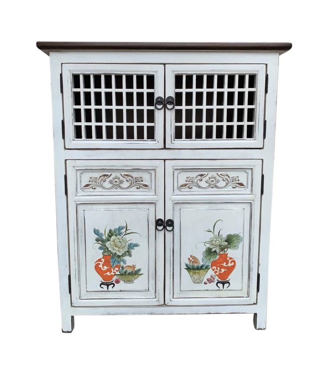 Fine Asianliving Armadietto Cinese Dettagli Dipinti a Mano Bianco L85xP45xA106cm