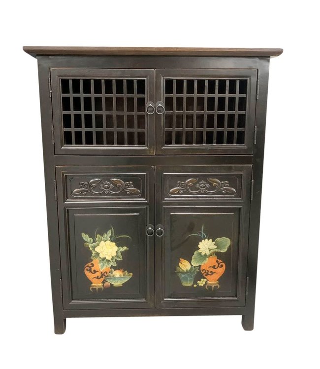 Armoire Chinoise Noire Peinte à  la Main Détails L85xP45xH106cm