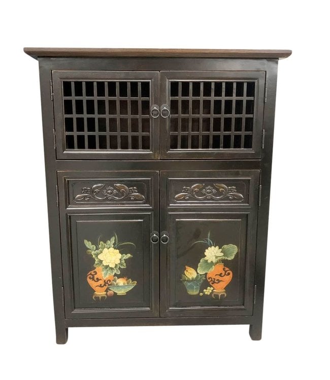 Chinese Kast Zwart Handgeschilderde Details W85xD45xH106cm