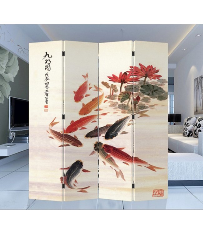 Chinese Oriental Room Divider Folding Privacy Screen 4 Panels W160xH180cm Nine Koi Fishes
