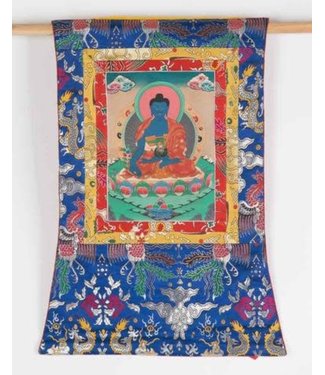 Fine Asianliving Antico Buddha Della Medicina Tibetano Thangka Dipinto a Mano e Ricamato L60xA80cm
