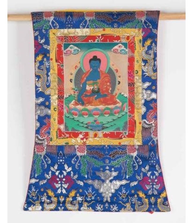 Antico Buddha Della Medicina Tibetano Thangka Dipinto a Mano e Ricamato L60xA80cm