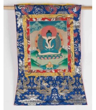 Fine Asianliving Antico Consorte Tibetano Thangka Samantabhadra Bianco Dipinto a Mano e Ricamato L60xA80cm